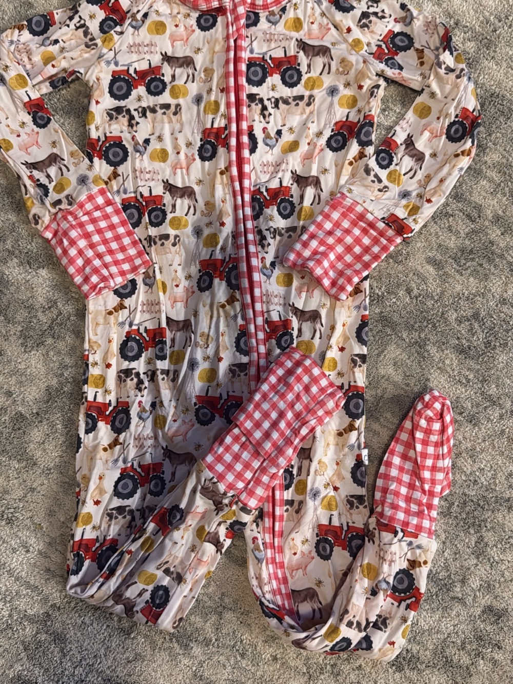 Farm Animal & Tractor Red Check Kids One-Piece Pajamas